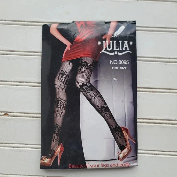 NWT Great Gifts! Sexy Lace Julia Pantyhose Black One Floral Net Mesh 8095 - Picture 1 of 9